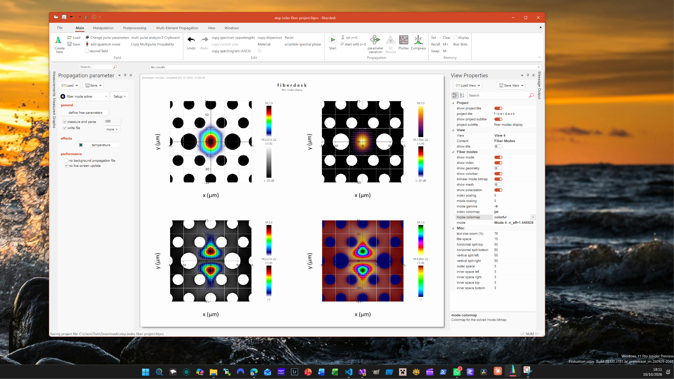 fiberdesk 8 beta on Windows 11 showing photonic crystal fiber modes in different colormaps